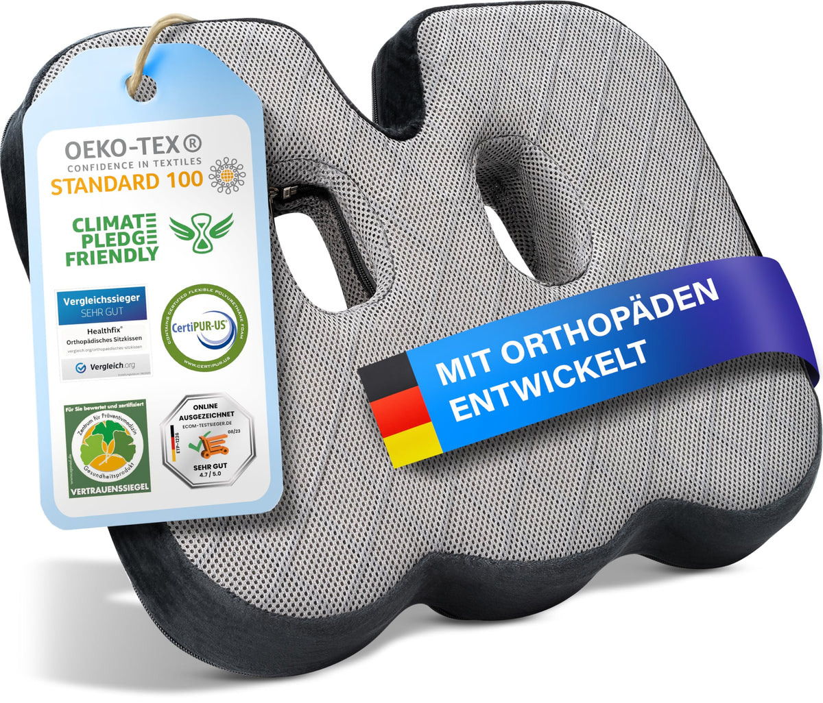 Healthfix Orthopädisches Sitzkissen aus Memory Foam, Medium – mit Aussparungen und Anti-Rutsch-Unterseite