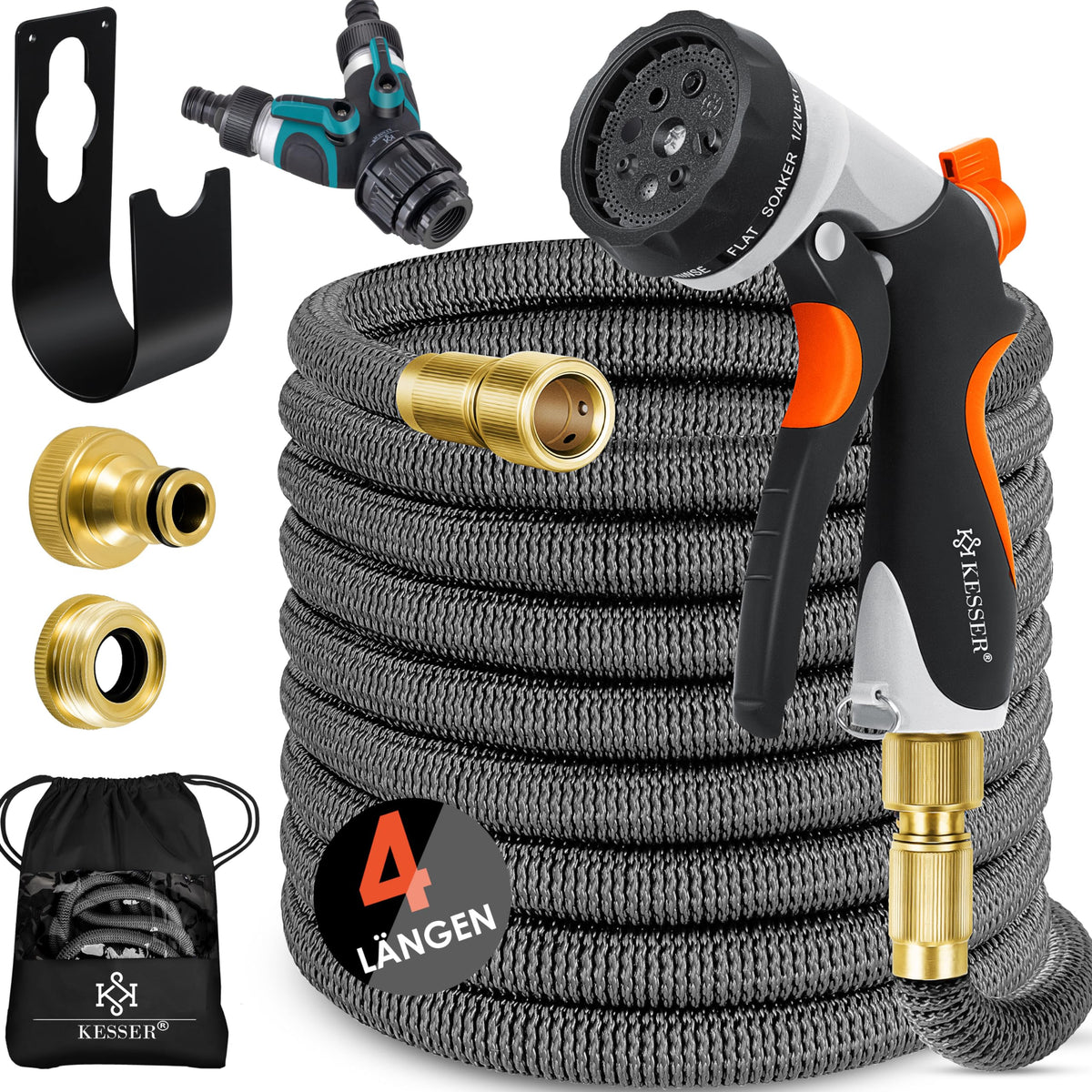 KESSER Flexibler Gartenschlauch 30 m, dehnbar, Sprühpistole, Anthrazit, mit Messinganschlüssen und Wandhalterung