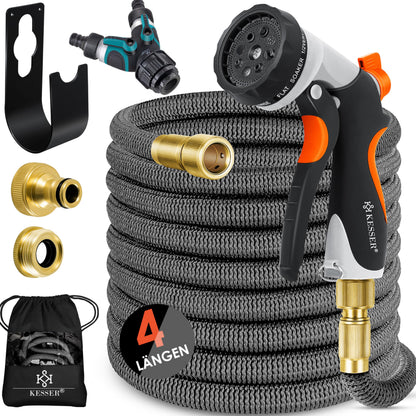 KESSER Flexibler Gartenschlauch 30 m, dehnbar, Sprühpistole, Anthrazit, mit Messinganschlüssen und Wandhalterung