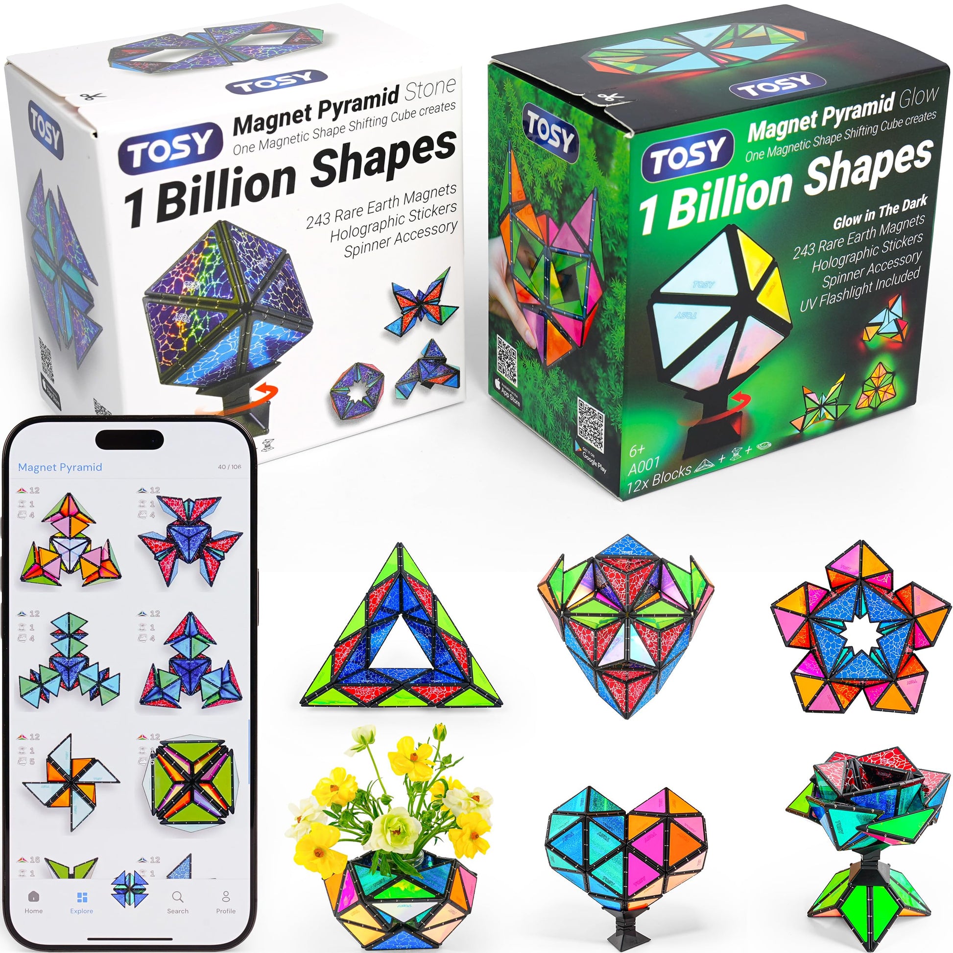 TOSY Magnet Pyramid Würfel – Leuchtendes Puzzle 1 Stein. Mehrfarbige leuchtende Pyramide zur magnetischen Lösung eines 3D-Rätsels.