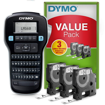 DYMO LabelManager 160 Beschriftungsgerät Starter-Set QWERTZ, schwarzes Gerät mit QWERTZ-Tastatur. Zum Thermodruck von Etiketten.