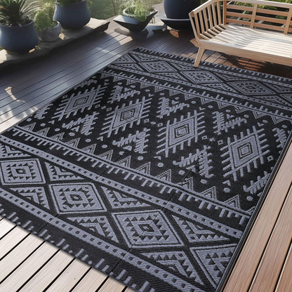 Homaxy Outdoor Teppich wetterfest wendbar 150 x 240 cm Schwarz Grau, geometrisches Muster, für Terrasse und Camping