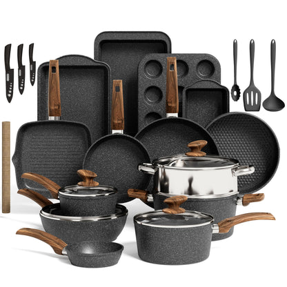 Granit Induktion Koch-/Backgeschirr Set 30-tlg. Schwarz Antihaft. Schwarze, antihaftbeschichtete Koch- und Backgeschirre, induktionsgeeignet.