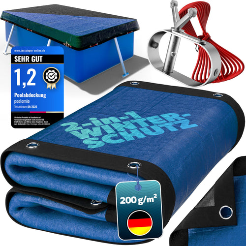 Poolomio 2in1 Pool Winterabdeckung - rechteckig 700x400 cm. Robuste, rechteckige Abdeckung. Schützt den Pool vor Schmutz und Frost zur Überwinterung.