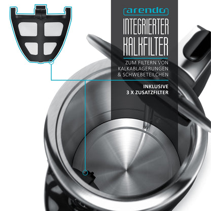 Arendo Wasserkocher Edelstahl mit Temperatureinstellung 1,7 l 3000 W