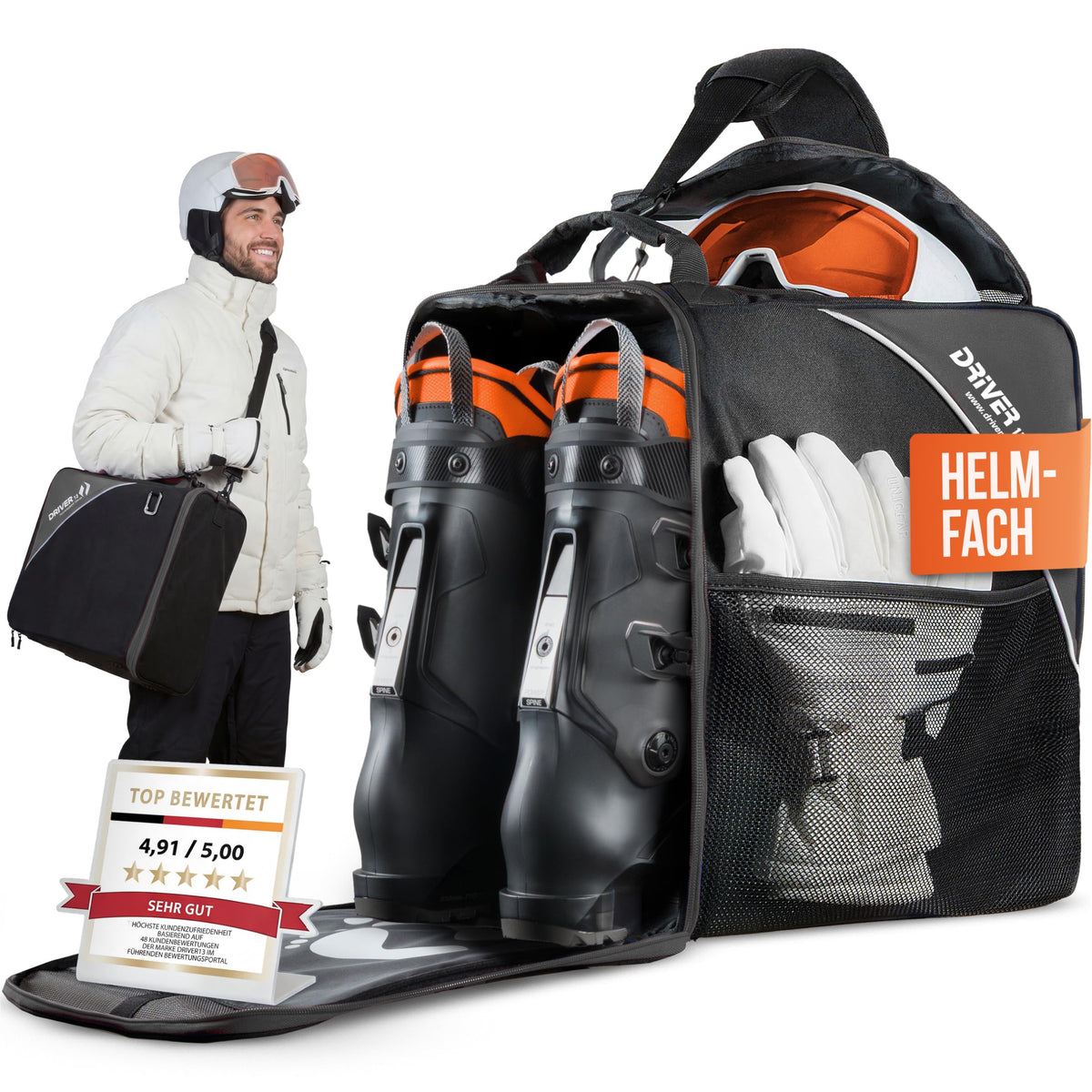 Driver13 Skistiefeltasche Bootbag mit Helmfach für Skischuhe, schwarz, mit Trageschlaufe und Schultergurt