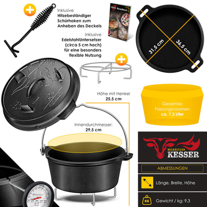 KESSER Dutch Oven Set 7,3 Liter Gusseisen Feuertopf mit Deckelheber