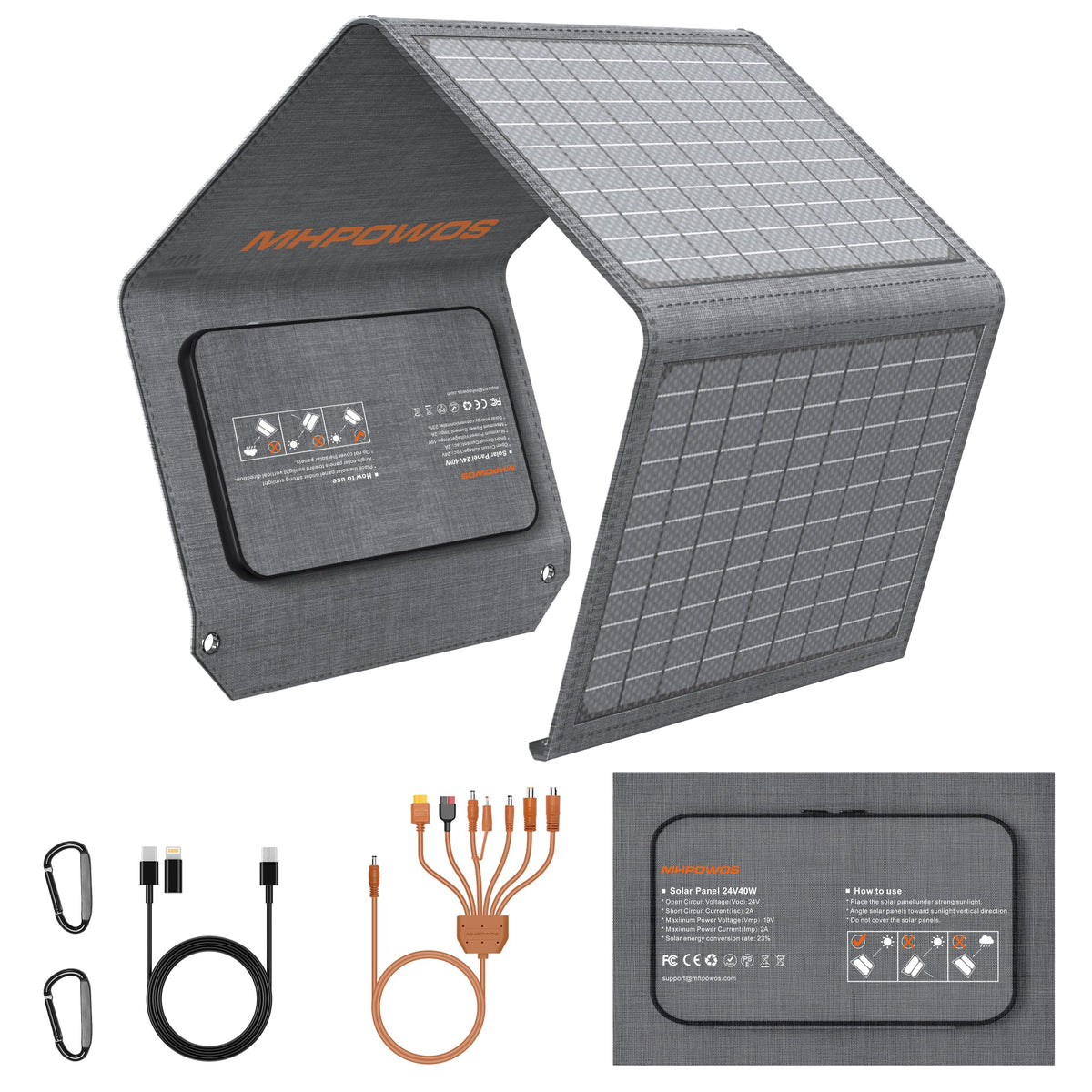 MHPOWOS Faltbares Solarpanel 40W – Tragbares Ladegerät. Rechteckiges, dunkles Faltpanel. Wandelt Sonnenlicht in Energie für portable Endgeräte.