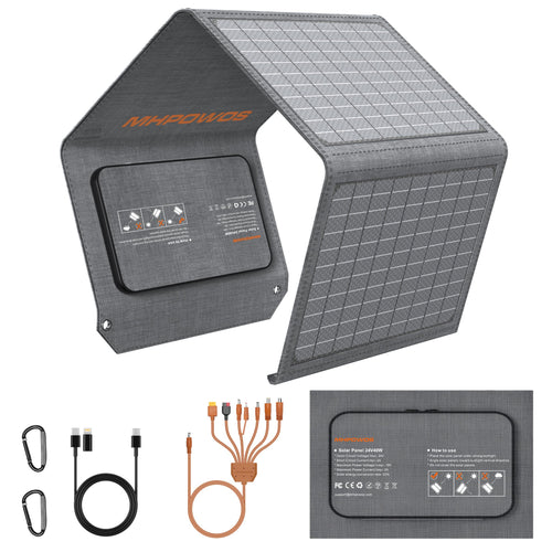 MHPOWOS Faltbares Solarpanel 40W – Tragbares Ladegerät. Rechteckiges, dunkles Faltpanel. Wandelt Sonnenlicht in Energie für portable Endgeräte.