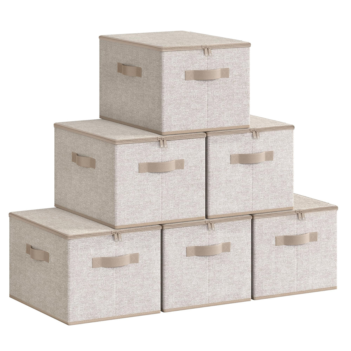 SONGMICS Aufbewahrungsbox mit Deckel, 6er Set, faltbar, sandbeige – Vliesstoff-Boxen mit drei Griffen