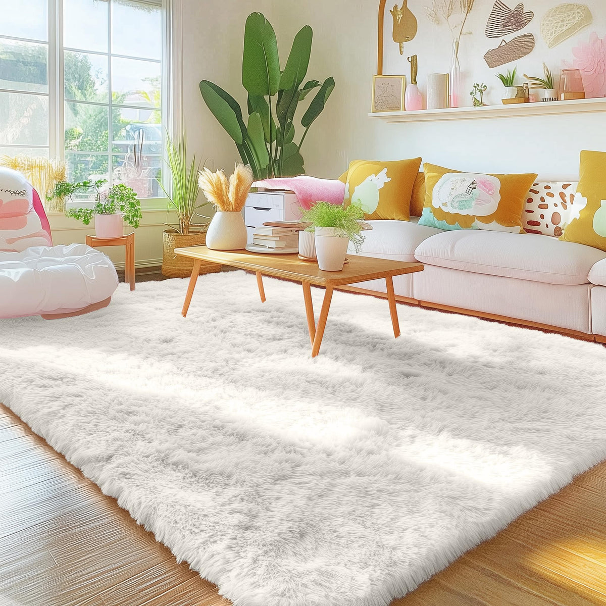 Homaxy Hochflor Teppich Creme 160 x 220 cm, rutschfest und waschbar