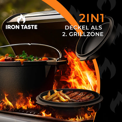 IRON TASTE Dutch Oven Set 12L gusseiserner Feuertopf mit Deckelheber