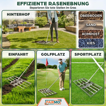 Fairmo Rasenrakel Edelstahl 75x35 cm, Nivellierrechen mit 2 m Stiel
