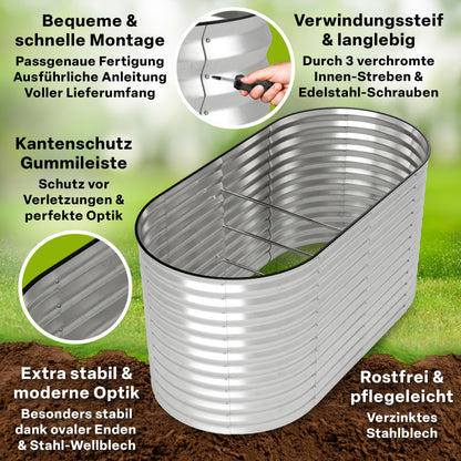 TTL GARDEN Spirit M Metall-Hochbeet 160x80x80 cm silber oval