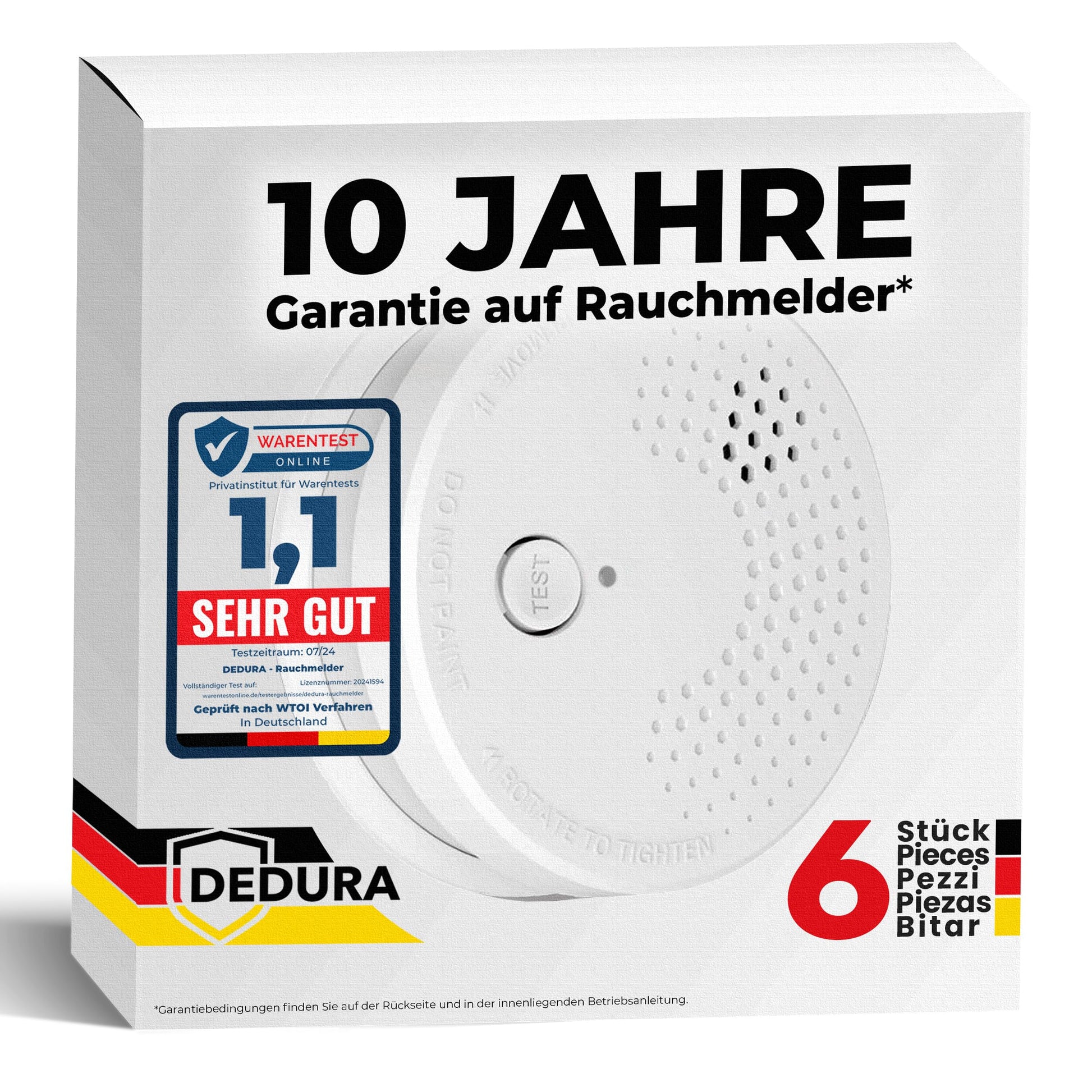 SmartHome Rauchmelder 6er Set – 10 J. Garantie BSI EN14604. Runde, weiße Sensoren zur drahtlosen Brandfrüherkennung & Alarmierung.