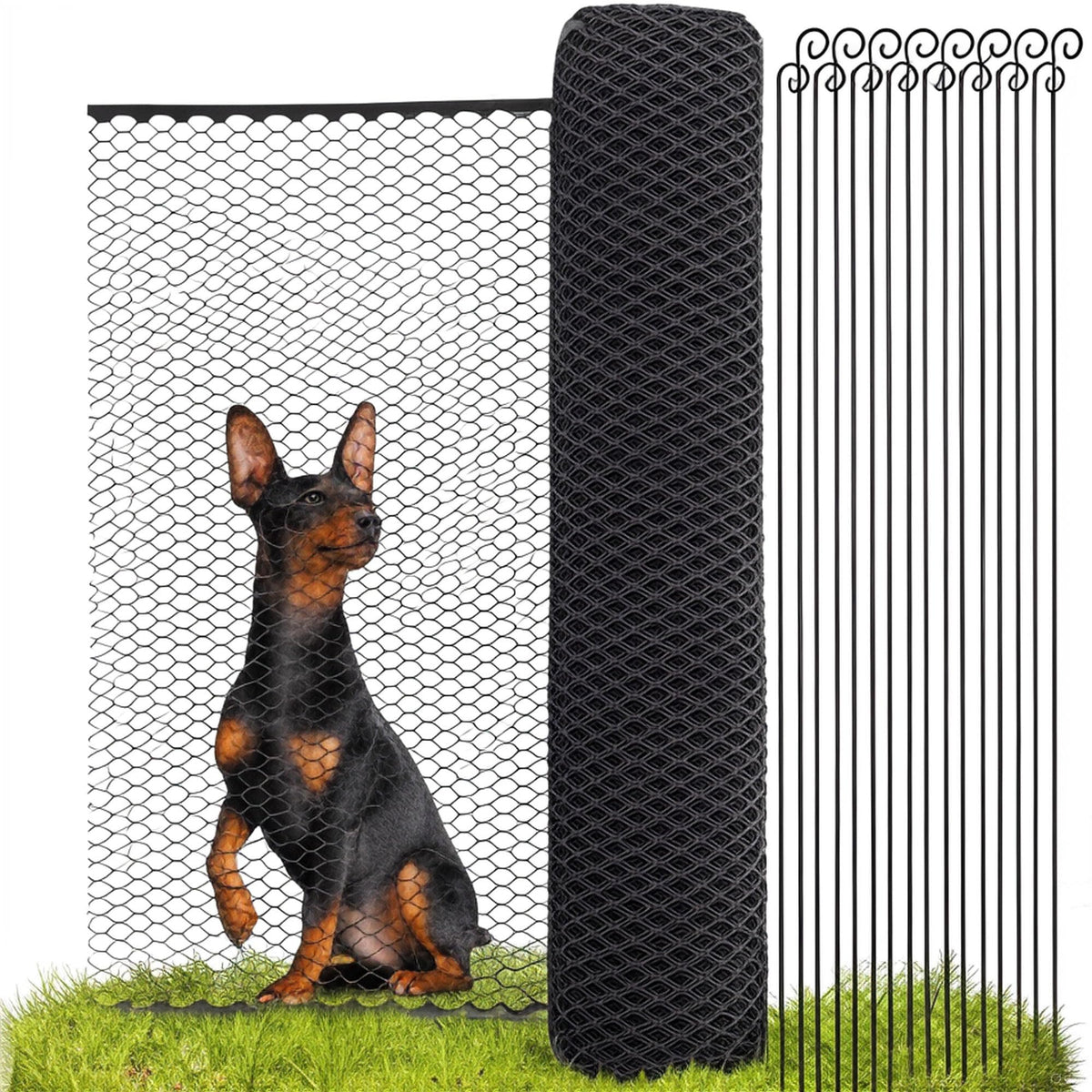 SELFmania Hundezaun 25 m x 120 cm, mobiler Begrenzungszaun in Schwarz mit engmaschigem Netz und Erdankern