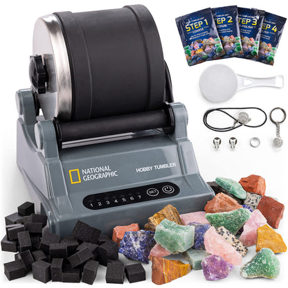 NATIONAL GEOGRAPHIC Steintrommel Komplett-Set mit Edelsteinen. Zylinderförmiges Gerät zum Polieren von Rohsteinen für Schmuck oder Deko.
