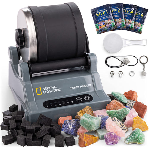 NATIONAL GEOGRAPHIC Steintrommel Komplett-Set mit Edelsteinen. Zylinderförmiges Gerät zum Polieren von Rohsteinen für Schmuck oder Deko.