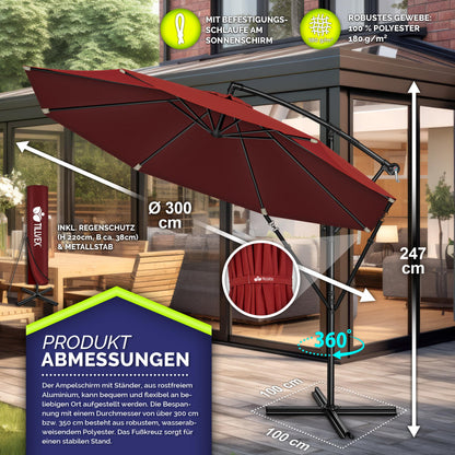 tillvex Ampelschirm Ø 300 cm, Alu-Sonnenschirm mit Kurbel, Rot