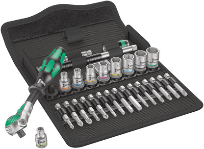 Wera Zyklop Speed-Knarrensatz 8100 SA 6 - 1/4 Zoll, 28-teilig. Grüne/schwarze Ratsche mit Steckschlüsseln zum schnellen Anziehen von Schrauben.
