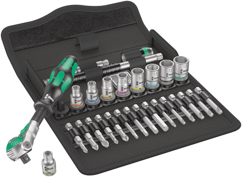 Wera Zyklop Speed-Knarrensatz 8100 SA 6 - 1/4 Zoll, 28-teilig. Grüne/schwarze Ratsche mit Steckschlüsseln zum schnellen Anziehen von Schrauben.