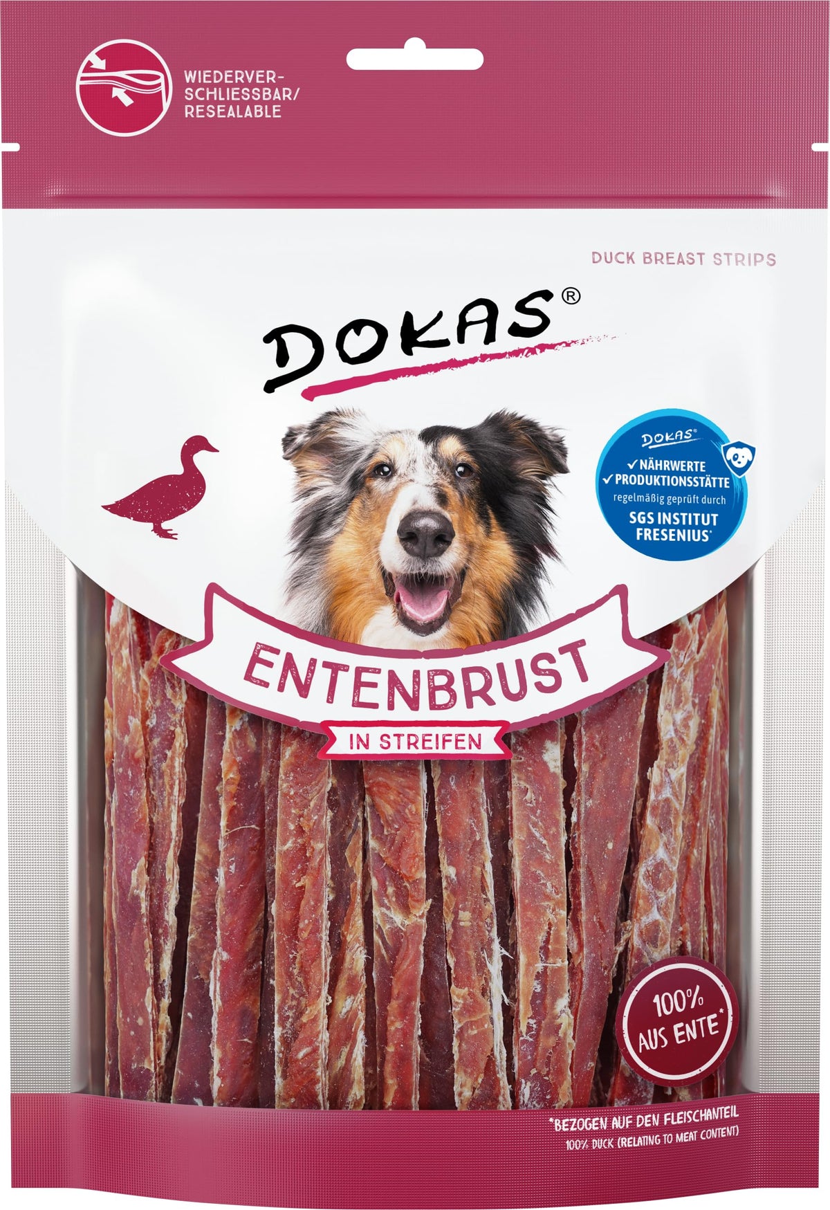 DOKAS Entenbrust in Streifen getreidefreier Hundesnack 8 x 250 g, luftgetrockneter Snack aus Entenbrustfilet