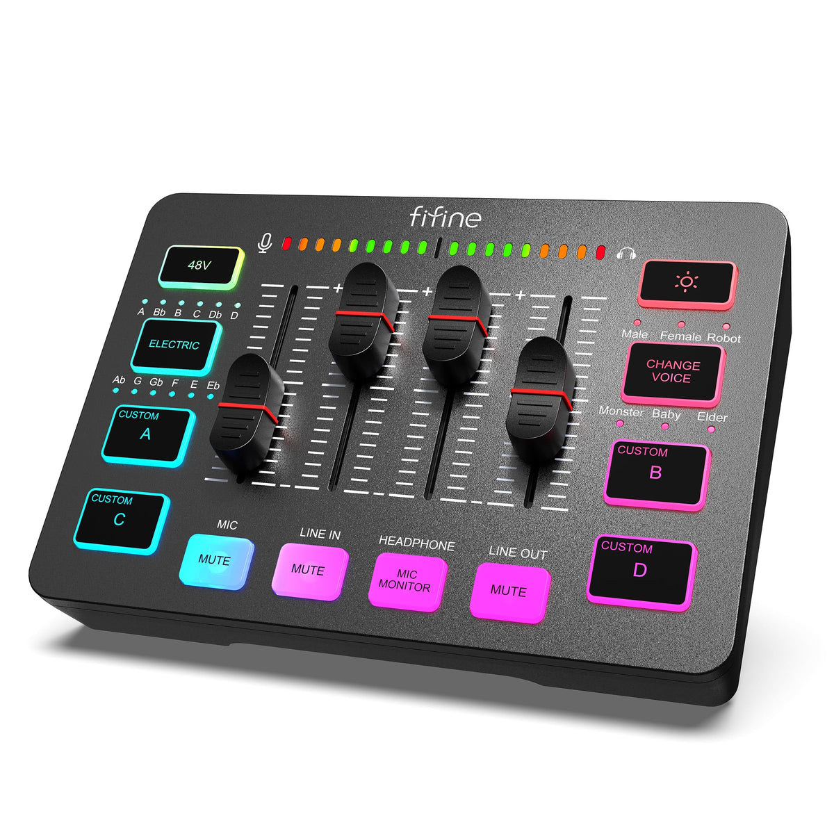 FIFINE MI19 Gaming Audio Mixer – Mischpult mit XLR und RGB, Bedienelemente an der Vorderseite