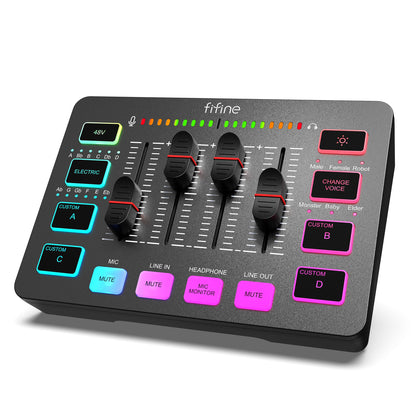 FIFINE MI19 Gaming Audio Mixer – Mischpult mit XLR und RGB, Bedienelemente an der Vorderseite