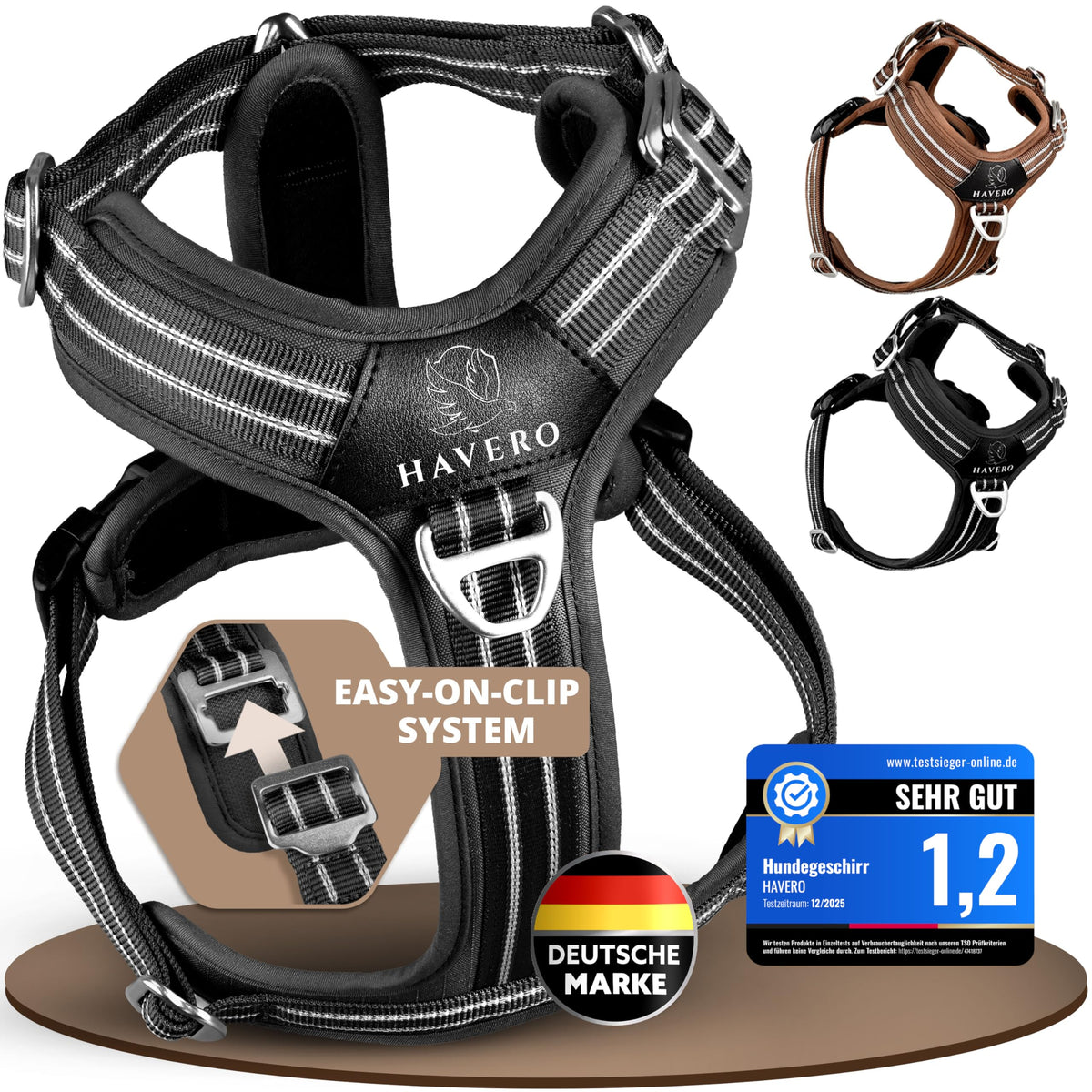 HAVERO Easy-On-Clip Hundegeschirr mit Y-Schnitt, Schwarz, L, gepolstert und reflektierend
