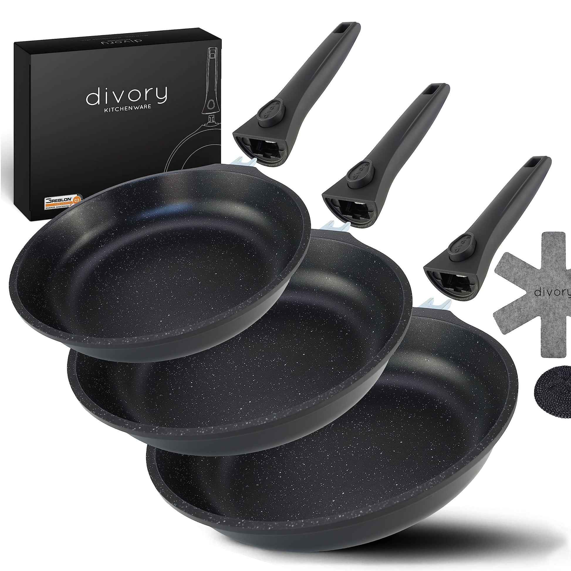 DIVORY Pfannenset Induktion Antihaft 3-teilig m. abnehmbarem Griff, rund, schwarz. Zum Braten und Kochen auf Induktionsherden, platzsparend.