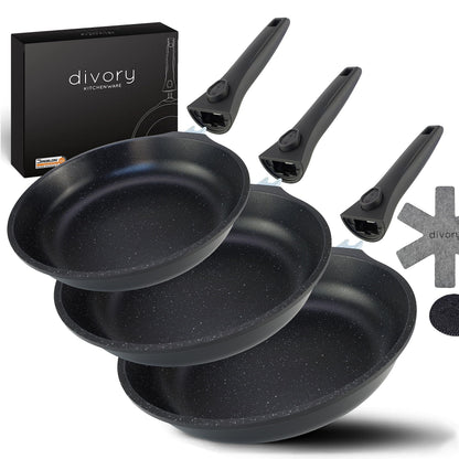 DIVORY Pfannenset Induktion Antihaft 3-teilig m. abnehmbarem Griff, rund, schwarz. Zum Braten und Kochen auf Induktionsherden, platzsparend.