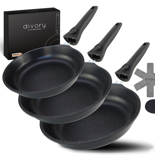 DIVORY Pfannenset Induktion Antihaft 3-teilig m. abnehmbarem Griff, rund, schwarz. Zum Braten und Kochen auf Induktionsherden, platzsparend.