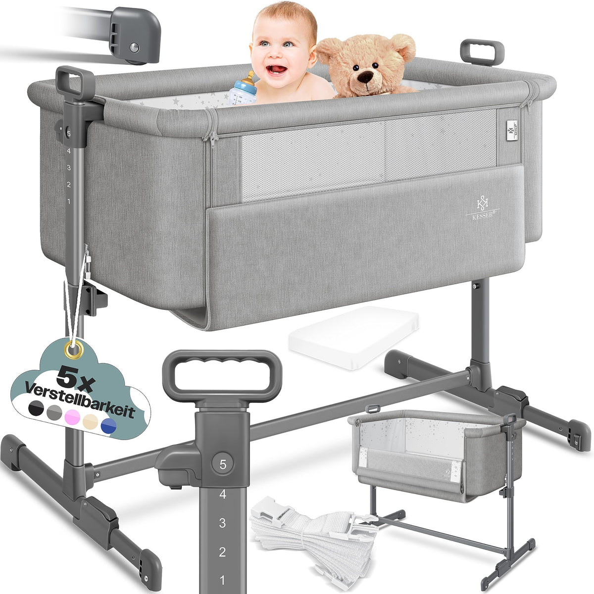 KESSER Hubi 3in1 Zustellbett Babybett Reisebett - Hellgrau. Rechteckig. Höhenverstellbar als Beistell-/Reisebett für Babys.
