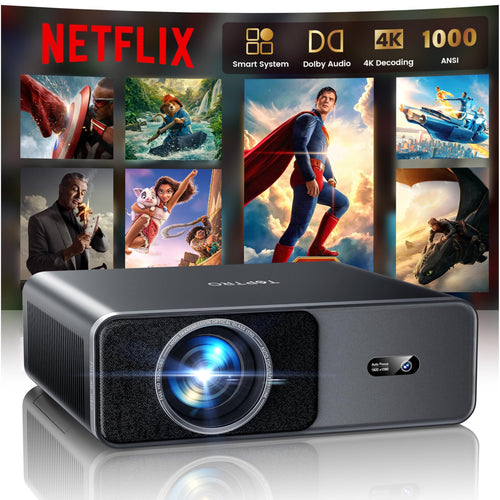 TOPTRO Smart Beamer 4K Heimkino - Netflix Dolby Audio Autofokus. Kompakter, schwarzer Beamer mit Linse für immersive 4K-Heimkinoerlebnisse.