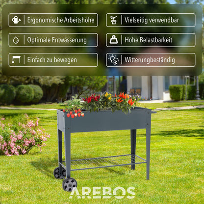 Arebos Hochbeet mit Rädern und Ablage, Metall, 108 x 51 x 80 cm