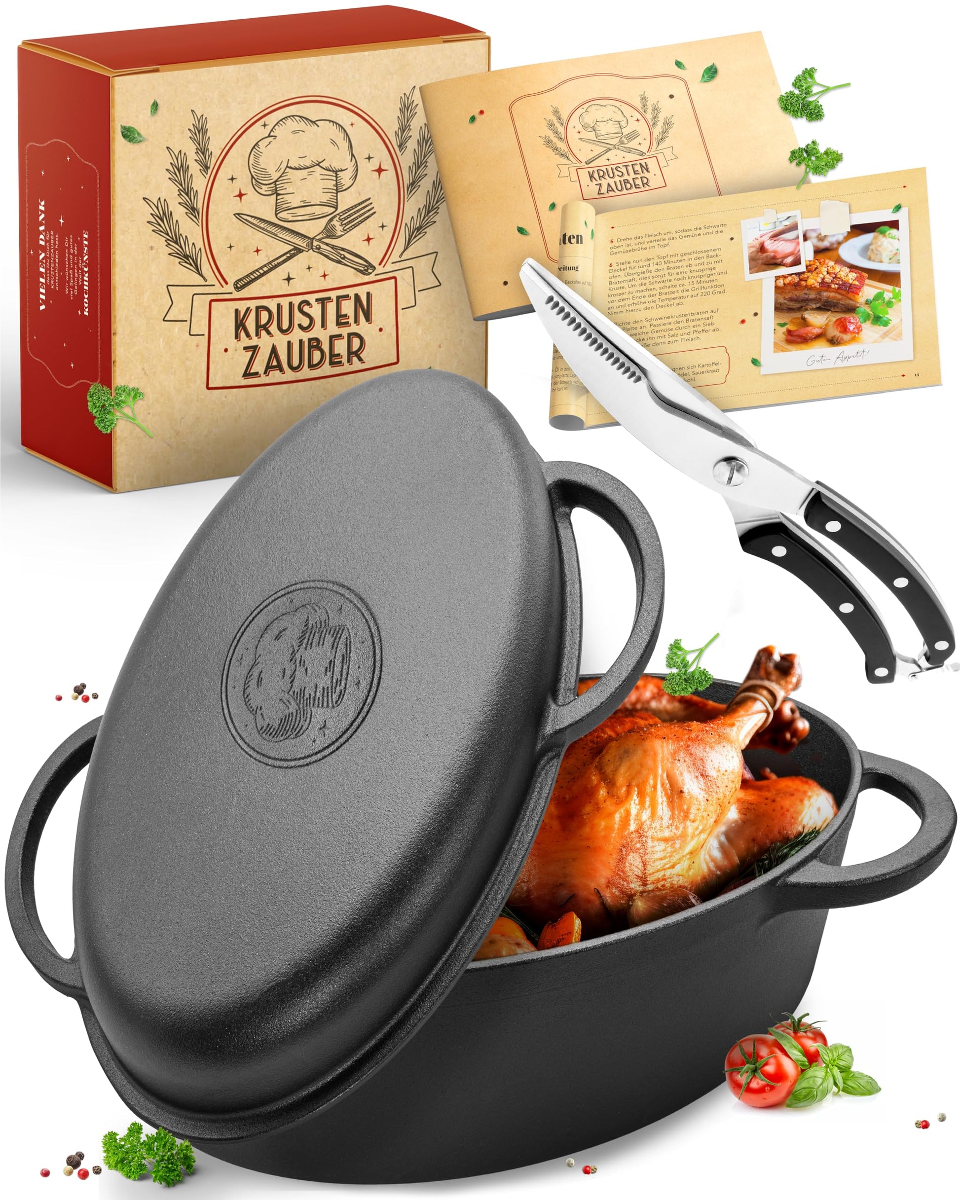 KRUSTENZAUBER Gusseisen Bräter 38cm mit Deckel - Ofenfest. Dunkler, ovaler Schmortopf für Ofengerichte.