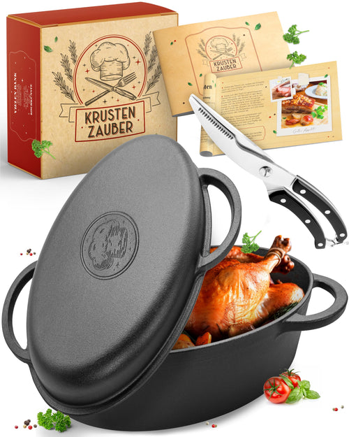 KRUSTENZAUBER Gusseisen Bräter 38cm mit Deckel - Ofenfest. Dunkler, ovaler Schmortopf für Ofengerichte.