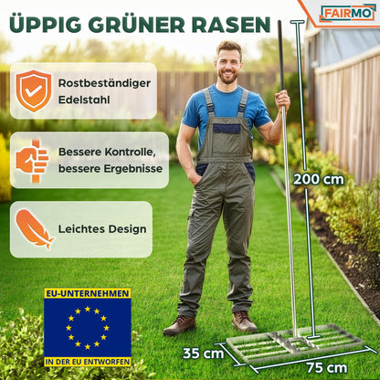 Fairmo Rasenrakel Edelstahl 75x35 cm, Nivellierrechen mit 2 m Stiel
