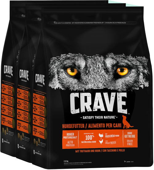 Crave Adult Trockenfutter Hund Truthahn & Huhn Getreidefrei 3x2,8kg: Bräunliche Kroketten. Getreidefreies Alleinfuttermittel für erwachsene Hunde.
