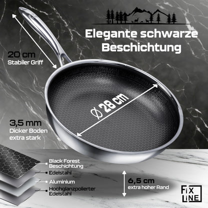 FIXLINE® Black Forest Bratpfanne 28cm - kratzfeste Antihaftbeschichtung ohne PFAS- hoher Rand 6,5cm - alle Herdarten inkl. Induktion - Backofen geeignet bis 230°C - Perfekte Geschenkidee