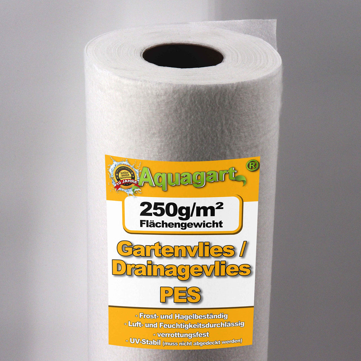Aquagart Unkrautvlies Drainagevlies - 250g PES weiss 40m². Weißes PES-Geotextil zur Unkrautunterdrückung und Drainage im Galabau.