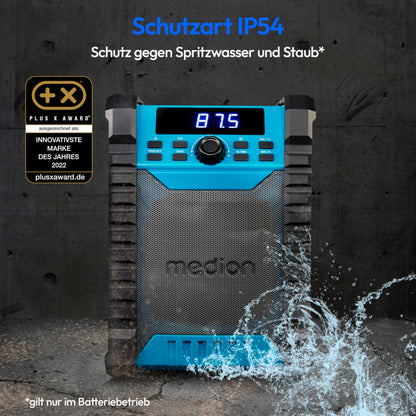 MEDION E65895 Baustellenradio mit Akku, Bluetooth, UKW, IP54, grün