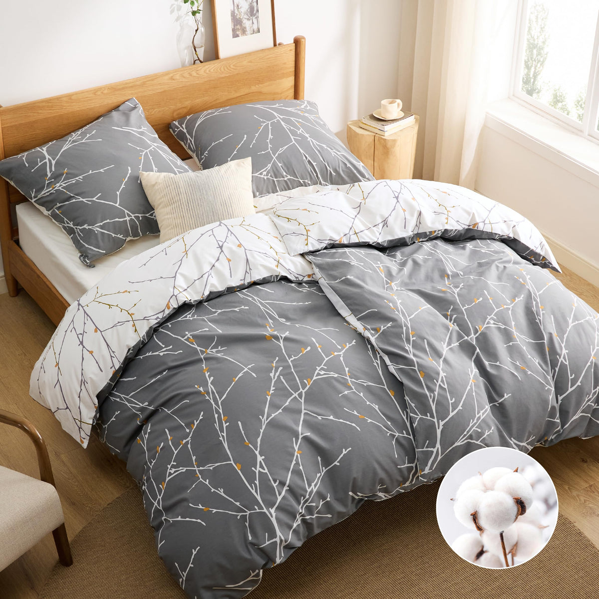 BEDSURE Bettwäsche Set Baumwolle 4teilig, Grau, 135x200 cm mit Zweige-Muster und Kissenbezügen