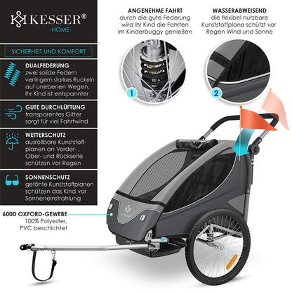 KESSER Kinder Fahrradanhänger 2in1 Jogger – 1-2 Kinder Hellgrau
