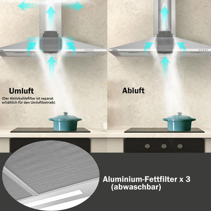 CIARRA CAS9201A Dunstabzugshaube 90 cm Umluft Abluft Pyramide Silber