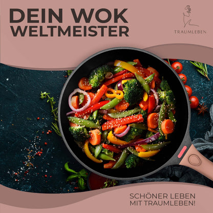 TRAUMLEBEN Wokpfanne mit Deckel – 28cm, abnehmbare Griffe, Induktion