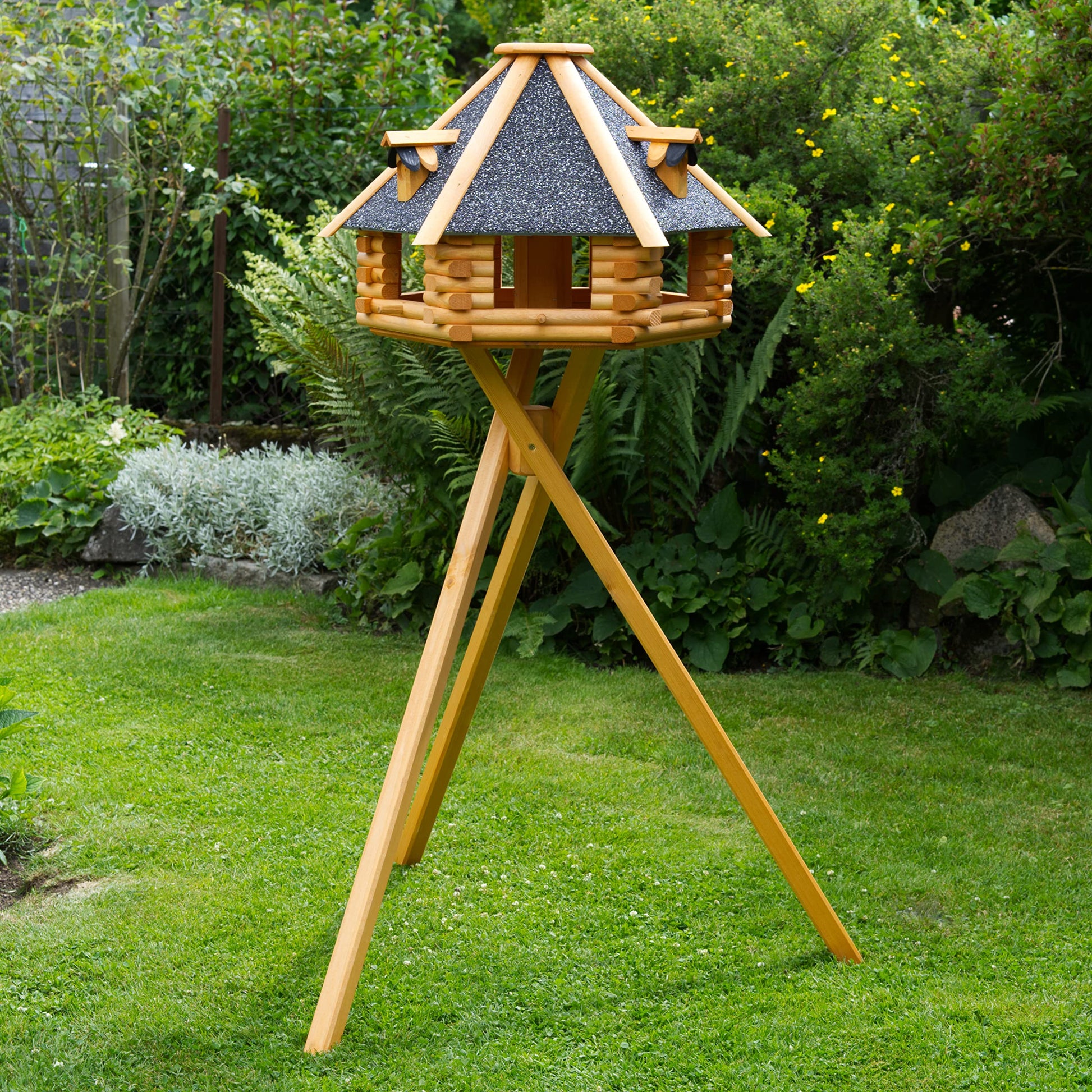 Deko-Shop-Hannusch V13 Luxus Vogelhaus mit Ständer Solar Anthrazit: Anthrazitfarbene Futterstelle auf Ständer, solarbetrieben, für Wildvögel.