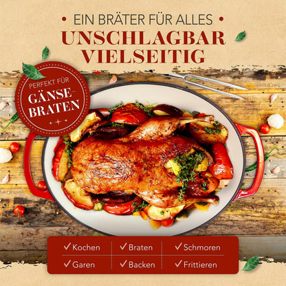 KRUSTENZAUBER Gusseisen Bräter Gänsebräter Oval 10L Induktion
