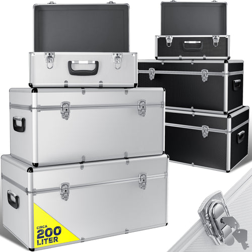 Masko 3er Set Alu Boxen – Transport-, Werkzeug- & Lagerkisten. Rechteckige, silberfarbene Aluminiumkisten für sicheren Transport und Materiallagerung.