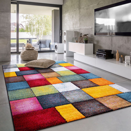Paco Home 3D Optik Kariert Kurzflor Teppich - Bunt 200x290 cm: Rechteckig, kariert, bunt. Zur Bodengestaltung in Wohnbereichen.
